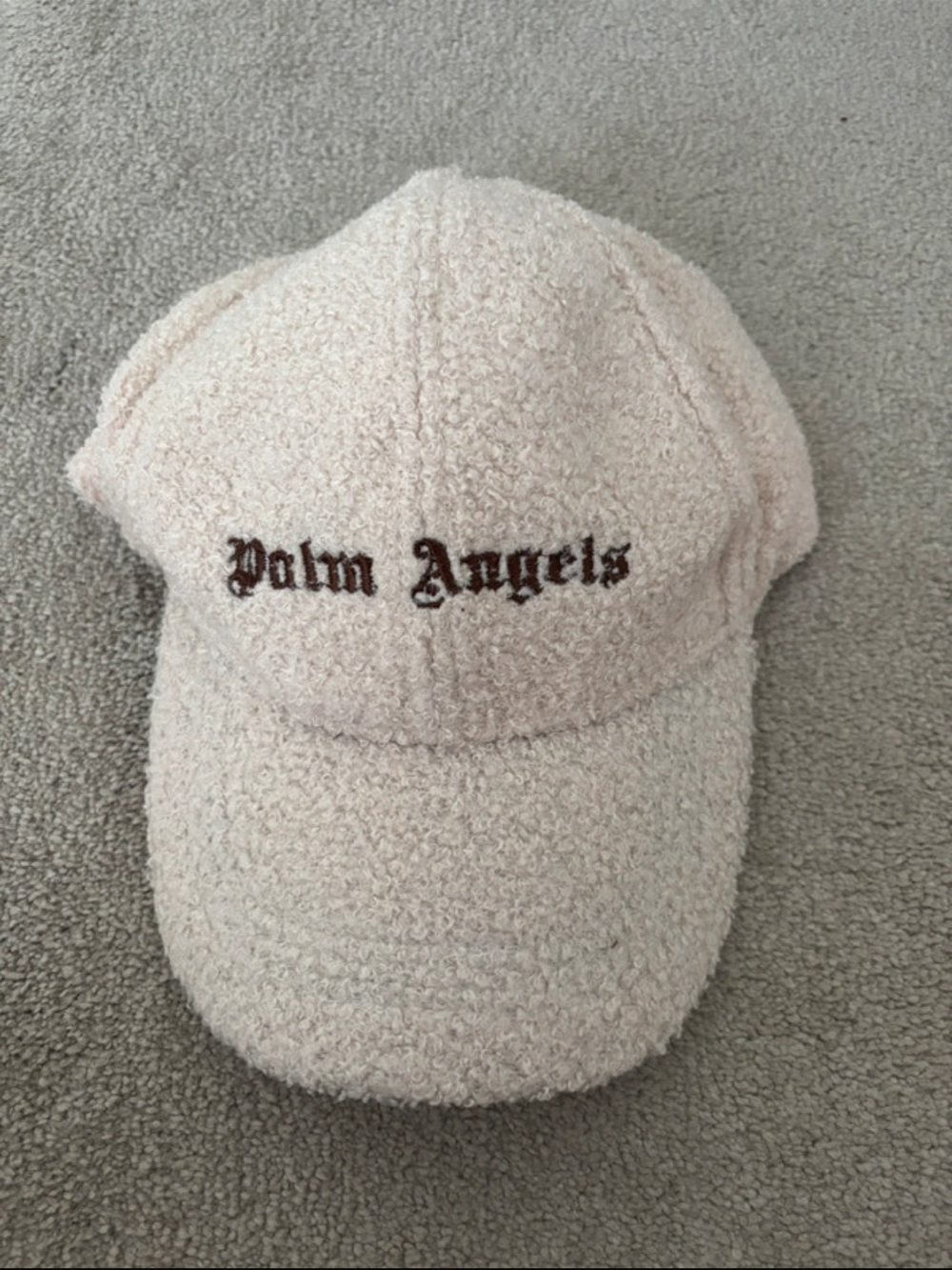 Palm Angels Cream Bouclé Cap with Dark Script Logo